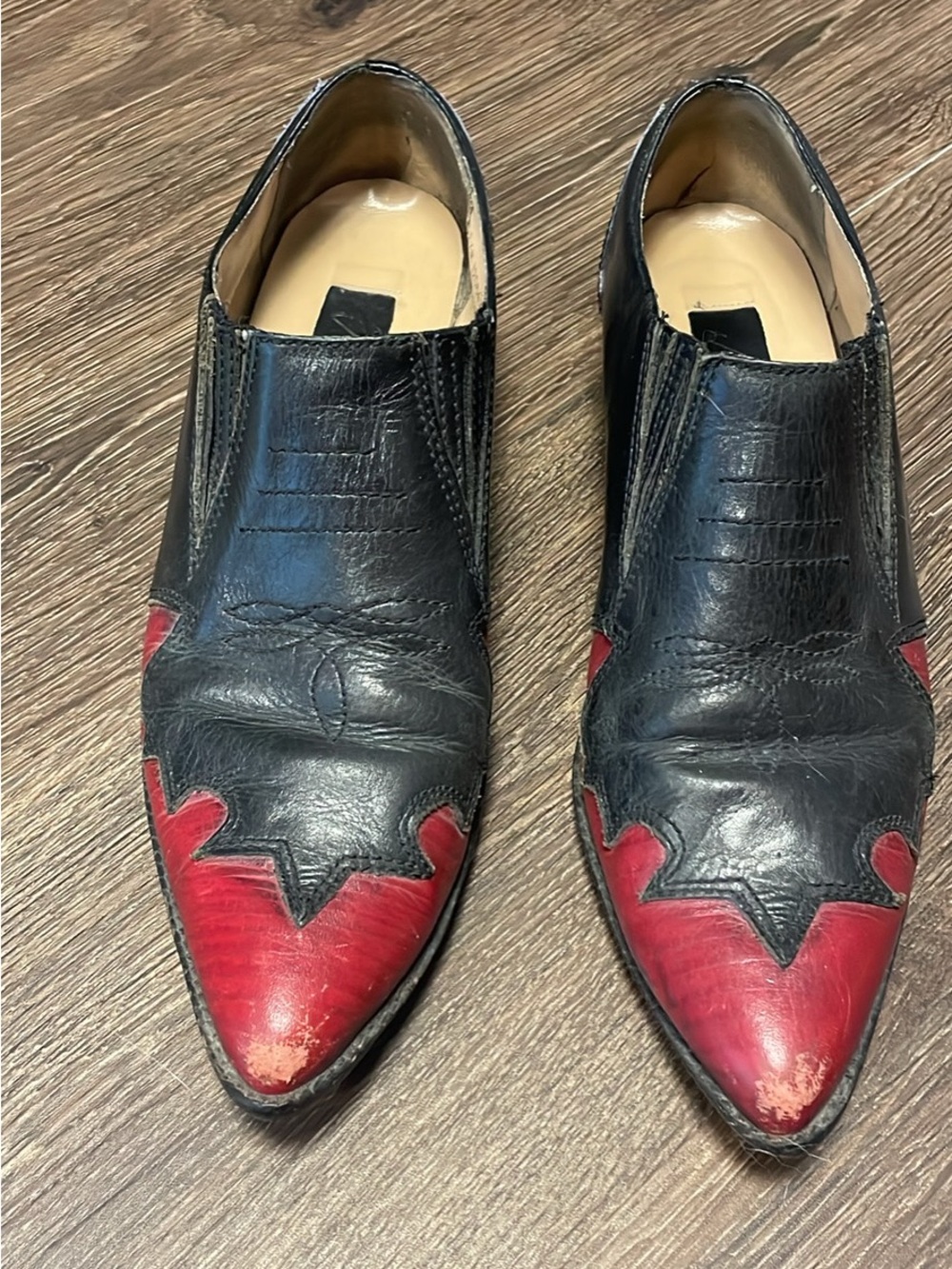Maripe Black Leather Ankle Boots with Red Toe Accents